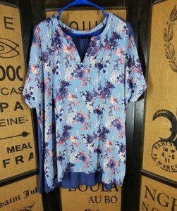 Attention Plus Blue Scoop Neck Floral Short Sleeve Pullover Plus Size Blouse 1X